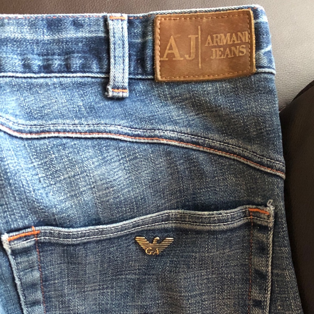 Armani Jeans Men's Light Blue Slim Denim Jeans with Brown Patch